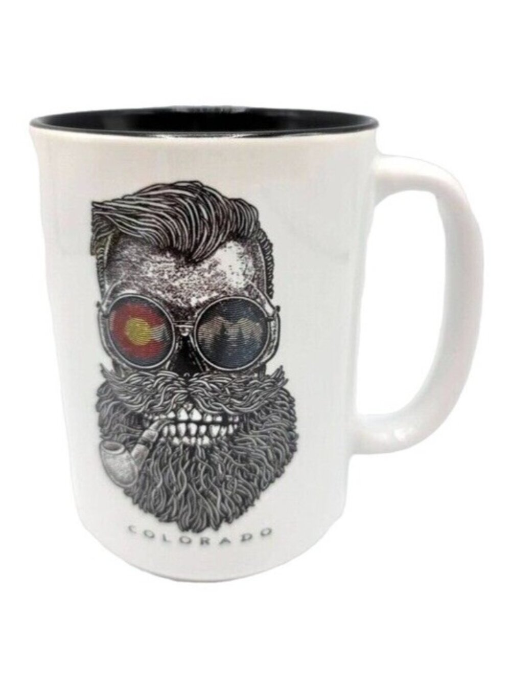 Colorado Hipster Biker Mug White Black 4.75" Sunglasses Goggles Bearded Zombie
